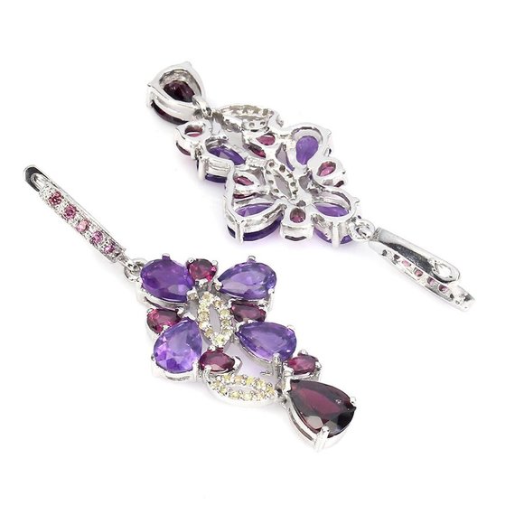 Stunning Rich Pear Faceted Red Rhodolite Garnet & Amethyst Drop Earrings - Picture 8 of 8
